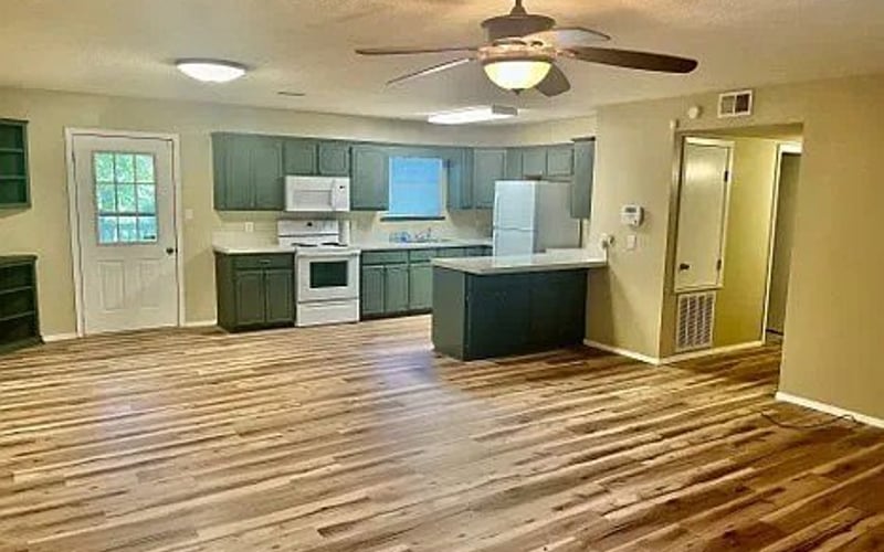 Open kitchen and living area with hardwood floors