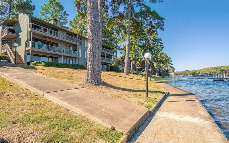 Lakeside walkway and building exterior