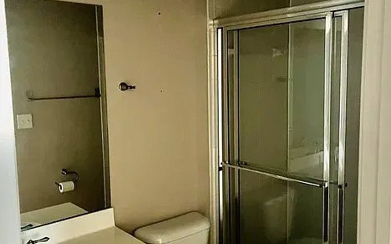 Bathroom with walk-in shower and wood vanity