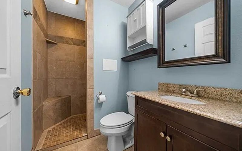 Bathroom with walk-in tile shower and dark wood vanity